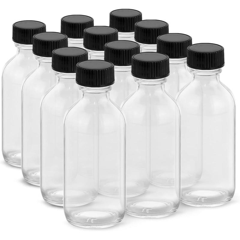 2OZ Small Glass Bottles with Lids and Funnels, 60ml Boston Round Glass Bottles, Perfect for Diy Essential Oils, Perfumes, Whiskey and Juices, 12 count Clear