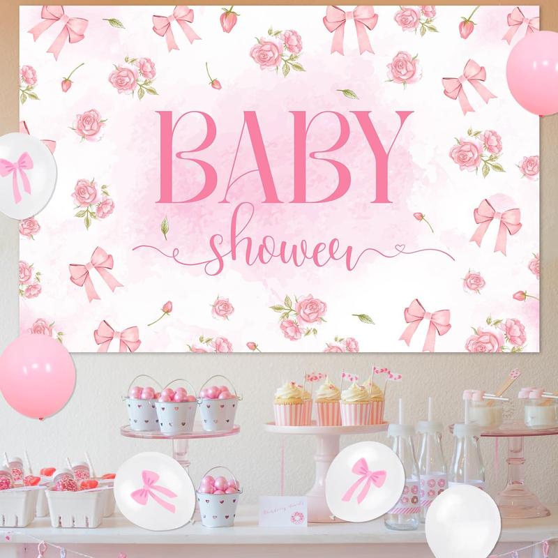 77Pcs Pink Bow Baby Shower Party Decorations Bow Garland Arch Kit Pink Flowers Photography Backdrop Banner Pink Bow Foil Balloon for Baby Girls Party Decorations Baby Shower Party Supplies