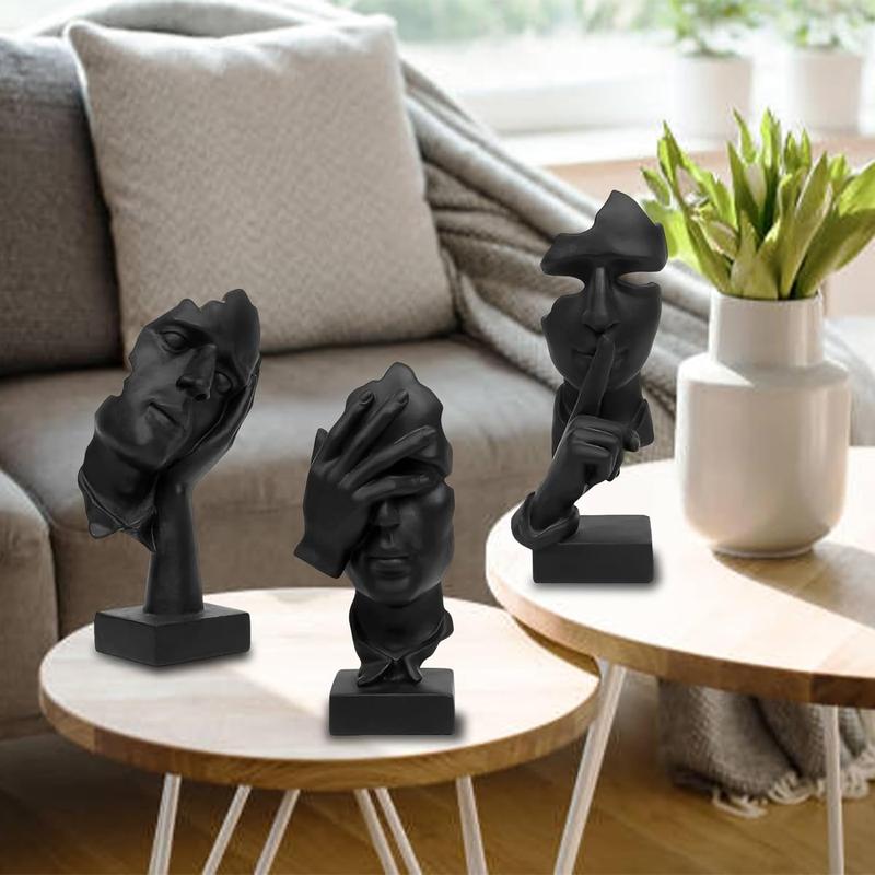 3 Pcs Thinker Statue, Silence is Gold Abstract Art Figurine, No Hear No See No Speak Modern Home Resin Sculptures Decorative Objects Modern Decor for Creative Room Home, Office Study (Black)