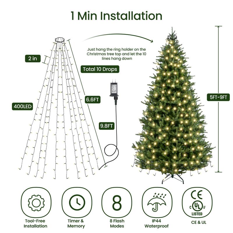 Quick Installation Christmas Tree Lights decor, Christmas decoration Lights, 6.6FTx10 Waterproof Xmas Tree Lights with Ring for Indoor Outdoor