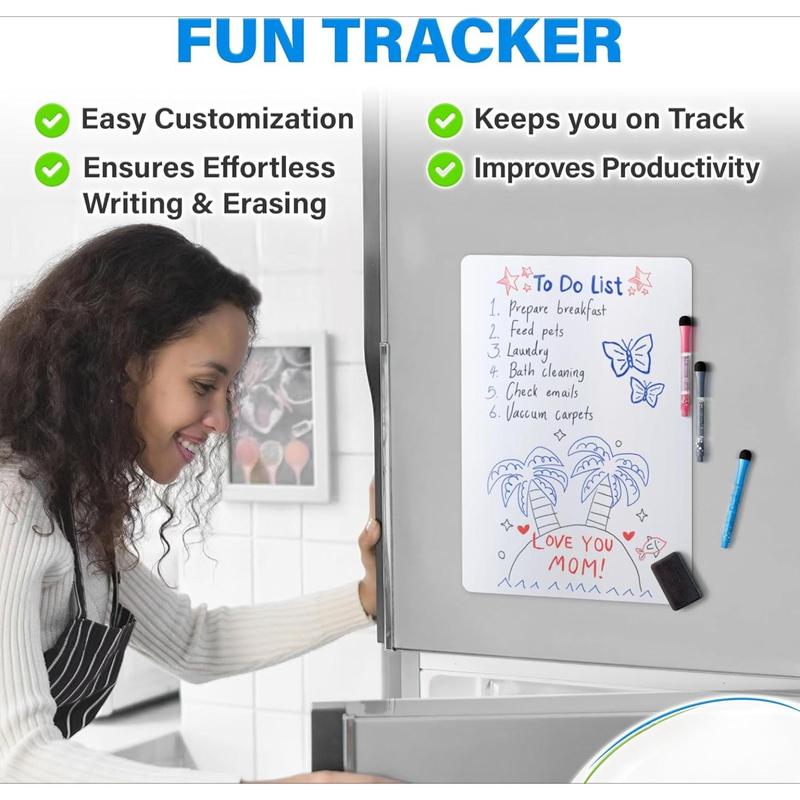 Magnetic dry-erase whiteboard, for refrigerator 19x13 inches, with stain-resistant technology, including 3 fine tip markers and large eraser with magnet, refrigerator whiteboard planner