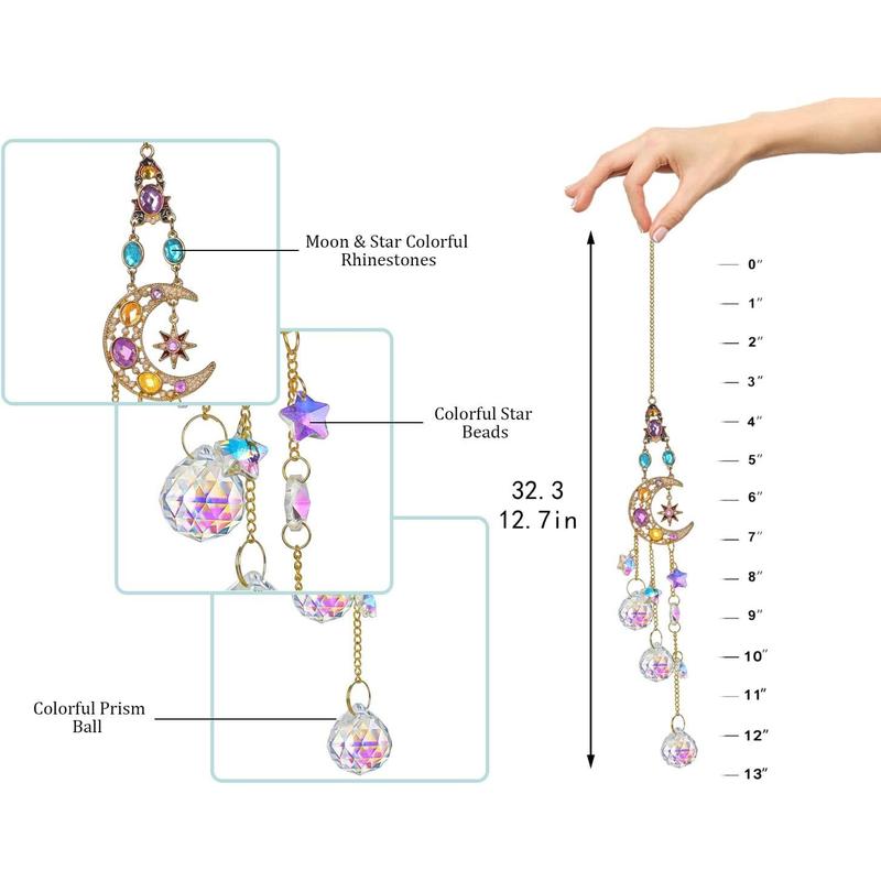 Handmade Crystal Moon&Star Prisms Suncatchers, Glass Window Hanging Ornament, Rainbow Rhinestones Decor for Home Garden