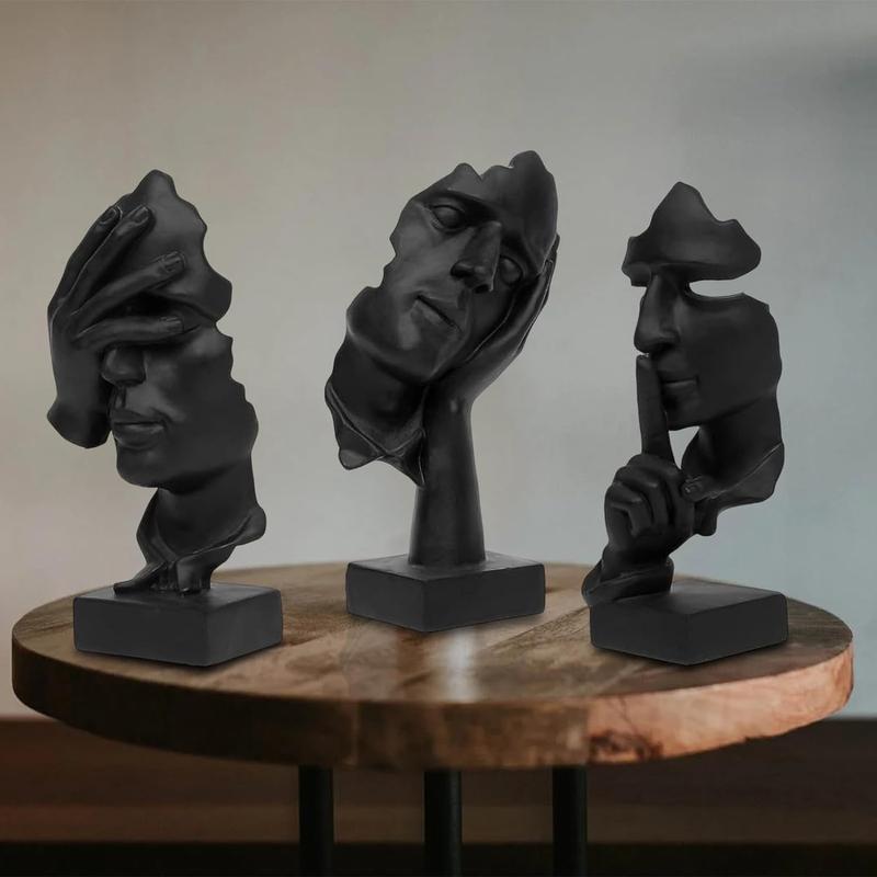 3 Pcs Thinker Statue, Silence is Gold Abstract Art Figurine, No Hear No See No Speak Modern Home Resin Sculptures Decorative Objects Modern Decor for Creative Room Home, Office Study (Black)