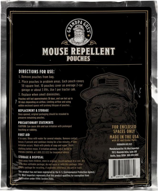 Grandpa Gus's Extra-Strength Mouse Repellent Pouches, Cinnamon Peppermint Oils Repel Mice from Nesting & Freshen Air in Car RV Boat Garage Shed Cabin, 1.75 oz (Pack of 10)