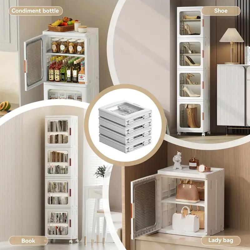 NLDD 4-Tier Slim Stacking Storage Bins – Folding Waterproof Plastic Storage Boxes Cabinet with Wheels for Closet, Pantry, Magnetic Organiser