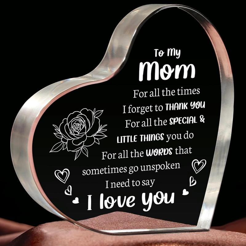 Heart Shaped Acrylic Block, Flower & Letter Pattern Decorative Ornament, Room Decor Inspirational Creative Gift for Mom