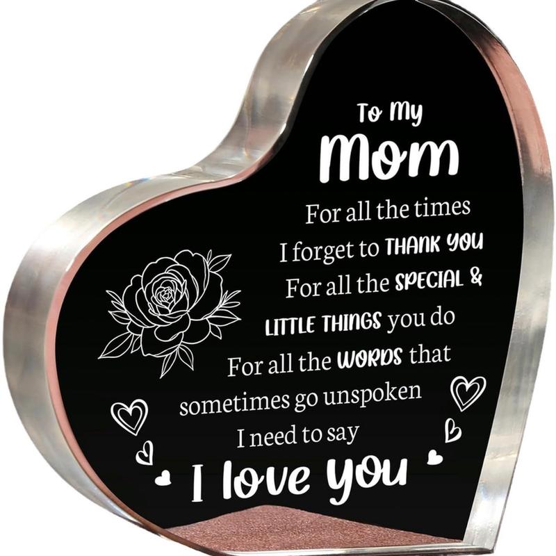 Heart Shaped Acrylic Block, Flower & Letter Pattern Decorative Ornament, Room Decor Inspirational Creative Gift for Mom