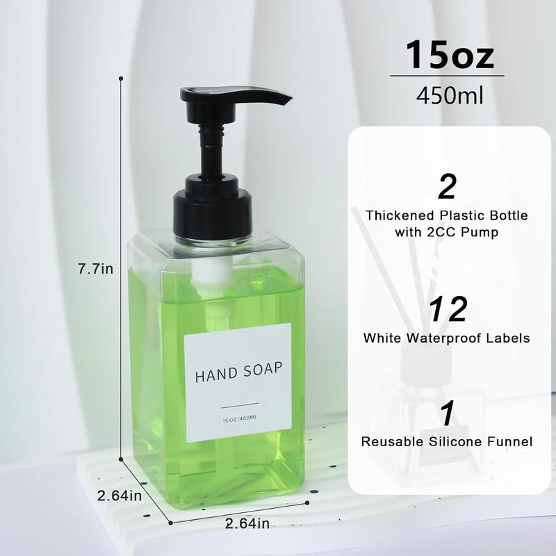 Clear Soap Dispenser with Waterproof Labels, Plastic Hand Soap Dispenser for Bathroom, Thickened Plastic Dish Soap Dispenser, Shampoo and Conditioner