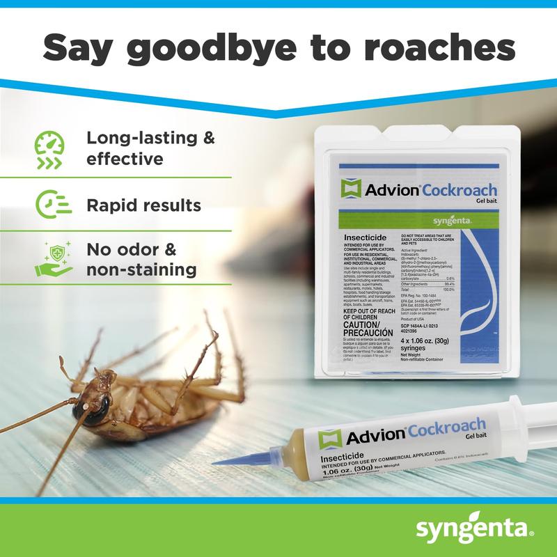 Advion Cockroach Gel Bait, 4 Tubes x 30-Grams, 4 Plunger and 4 Tips, German Roach Insect Pest Control, Indoor and Outdoor Use, Roach Killer Gel for American, German and Other Major Cockroach Species