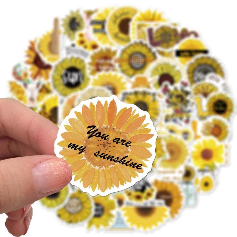 50pcs Sunflower Series Pattern Stickers, Waterproof Decorative Stickers, DIY Decals For Water Bottle, Laptop, Phone Case, Scrapbooking, Journal Making