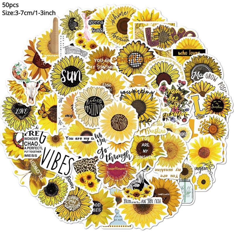 50pcs Sunflower Series Pattern Stickers, Waterproof Decorative Stickers, DIY Decals For Water Bottle, Laptop, Phone Case, Scrapbooking, Journal Making