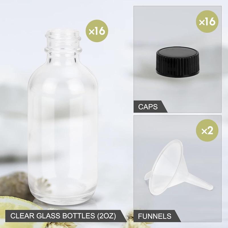 2OZ Small Glass Bottles with Lids and Funnels, 60ml Boston Round Glass Bottles, Perfect for Diy Essential Oils, Perfumes, Whiskey and Juices, 12 count Clear