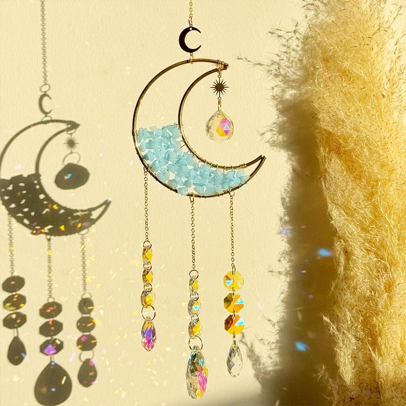 Moon & Sun Design Hanging Decor, 1 Set Natural Stone Sun Catcher, Hanging Ornament for Home Decor, Gift for Friend & Family