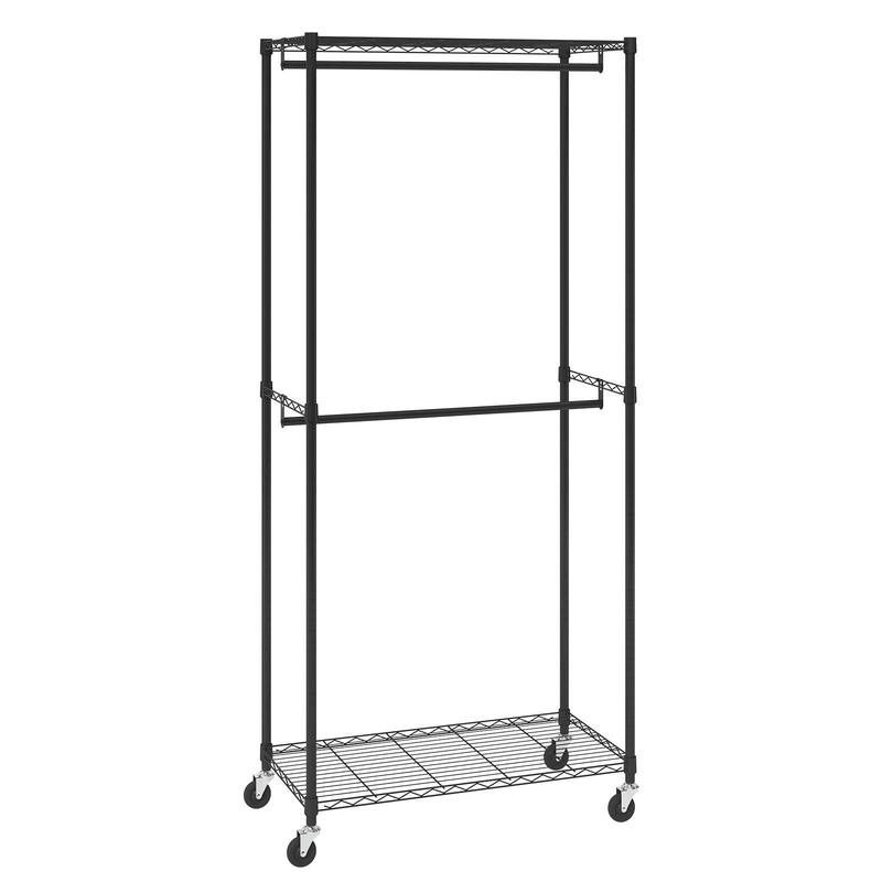 VEVOR Heavy Duty Clothes Rack, Double Hanging Rods Clothing Garment Rack with Bottom and Top Storage Tier, Rolling Clothing Rack for Hanging Clothes, 1'' Diameter Thicken Steel Tube Hold Up to 300Lbs Accessories Laundry