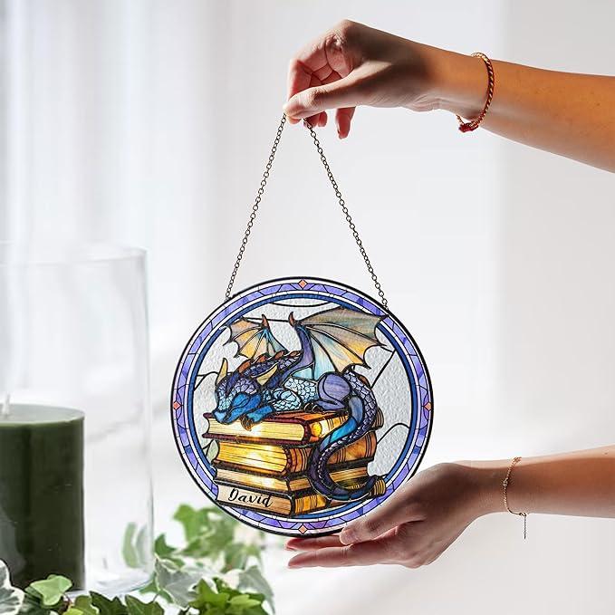 Custom Book Dragon Suncatcher Ornament, Fantasy Dragon Stained Glass Window Hanging, Hanging Art Decoration, Bookish Home Decoration Hangable