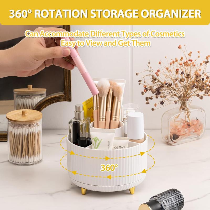 Makeup Brush Holder, Multi-angle Rotating Makeup Organizer, Multifunction Cosmetic Organizer for Bathroom Countertop, Bedroom Nightstand, Desktop, Makeup Desk Organizer, White