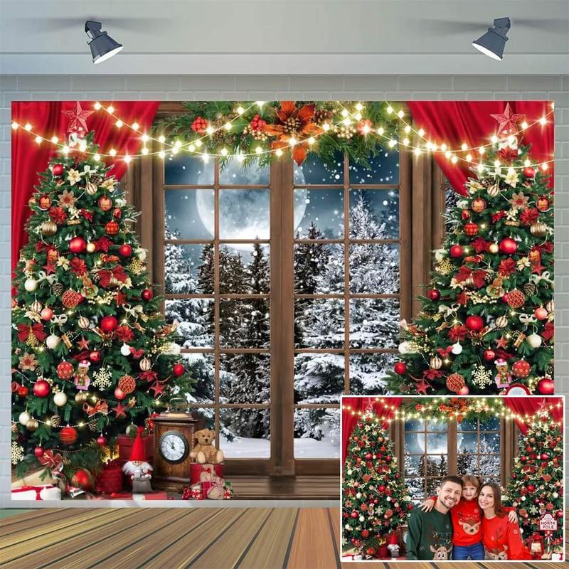 7x5ft Christmas Backdrop Xmas Window Photography Backdrop Winter Dream Wonderland Snow Tree Red Curtain Christmas Festival Party Banner Backdrop