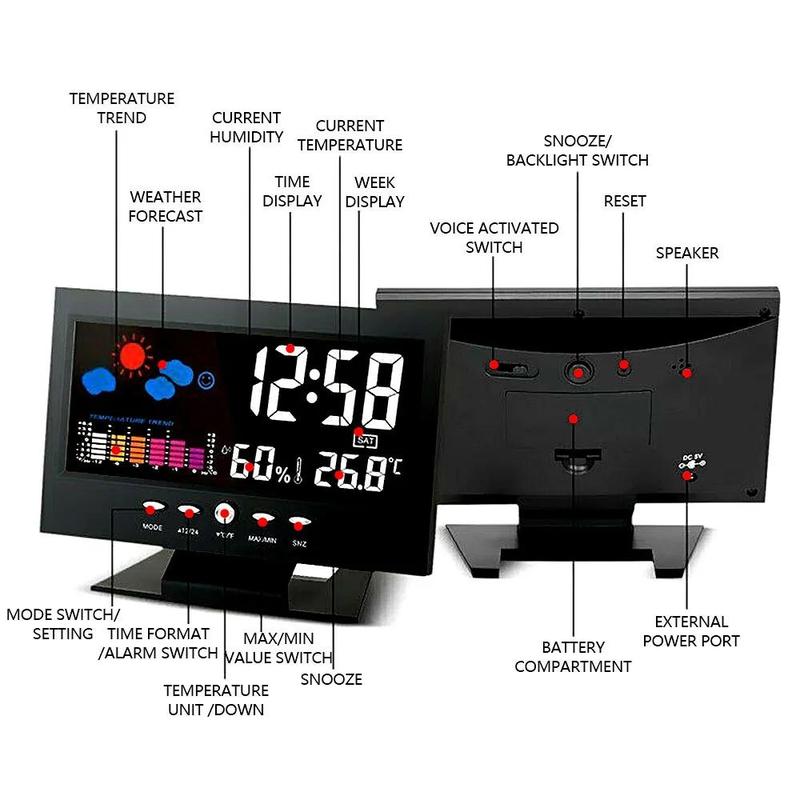 Auto Set Digital Alarm Clock | Color Display LCD Screen with Snooze Calendar Thermometer Hygrometer Weather Display | Large Digits LED, Easy to Read - Perfect for Nightstand or Desk