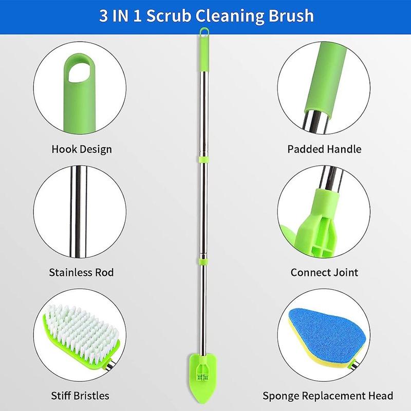 Bathroom Bathtub Cleaning Brush, 1 Count 3 in 1 Rotatable Floor Cleaning Brush, Summer Long Handle Extendable Floor Scrub Brush, Including 1 Stiff Bristles and 3 Spongy Brushes, Household Cleaning Tool