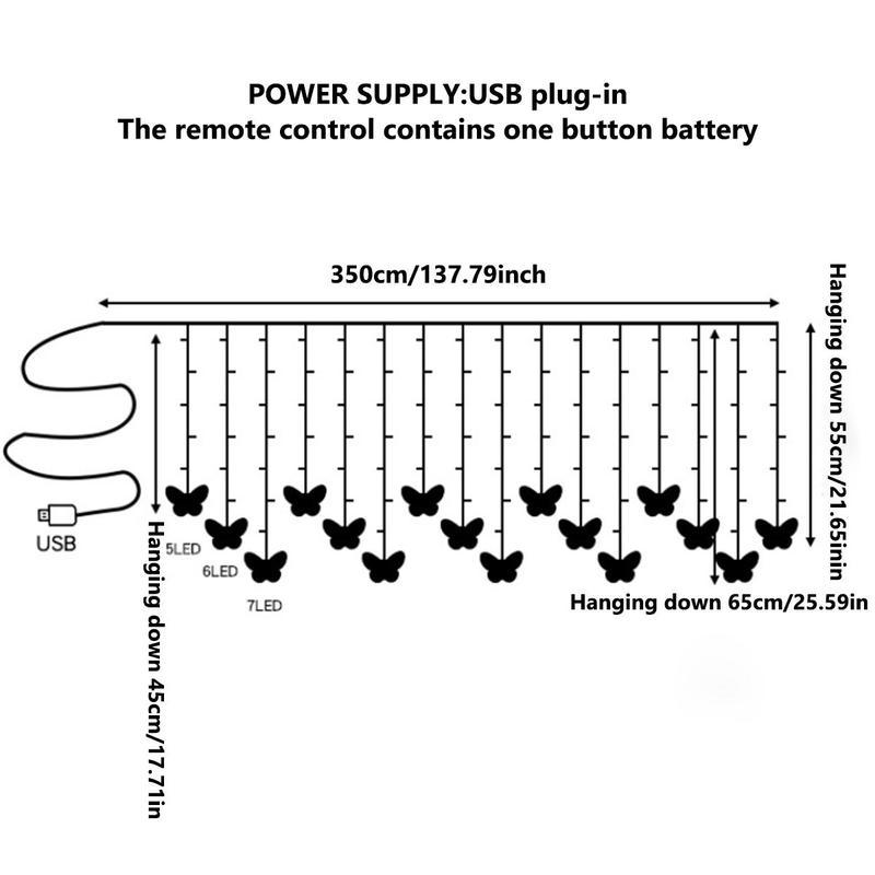 Christmas Butterfly Design String Light, 1 Count USB Charging 96 LED String Light with Remote Control, Decorative Light Room Decor for Home Party Wedding, Boyfriend Gift