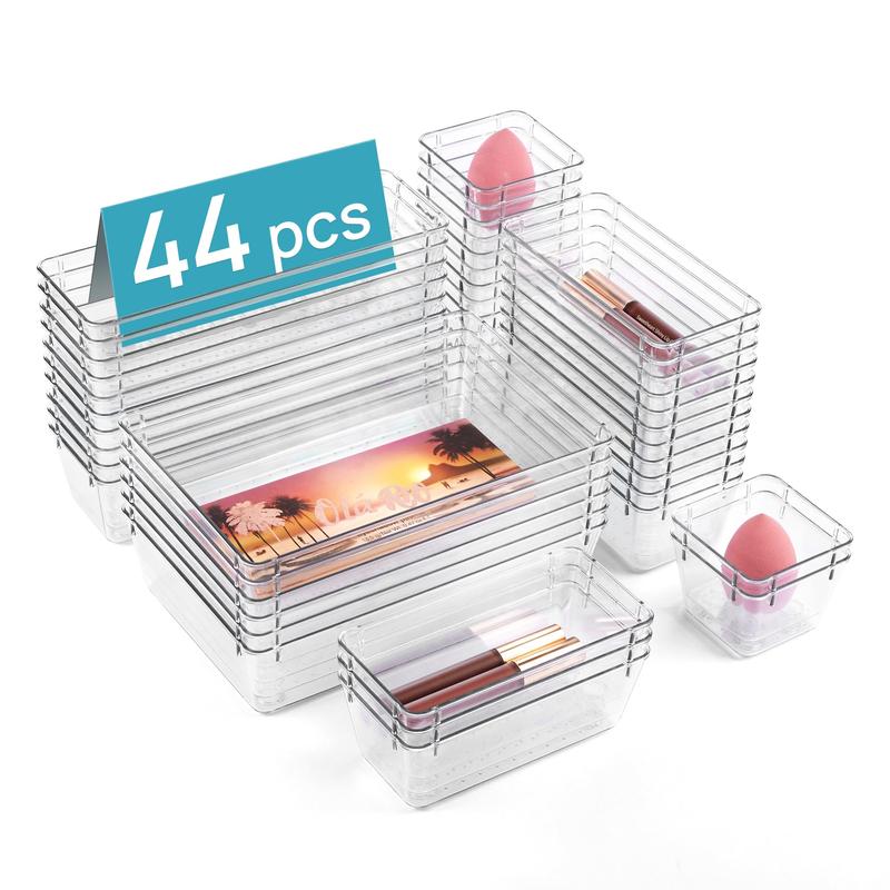 Vtopmart 25  44 60PCS Clear Plastic Drawer Organizers Set, 4-Size Versatile Bathroom and Vanity Drawer Organizer Trays,  for Makeup, Bedroom, Kitchen