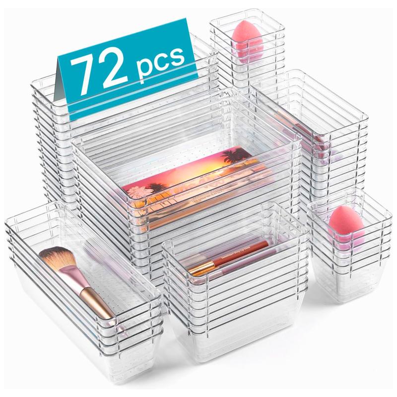 72 Pcs Clear Plastic Drawer Organizers Set, 4-Size Versatile Bathroom and Vanity Drawer Organizer Trays drawer dividers Multi-size storage trays Photo