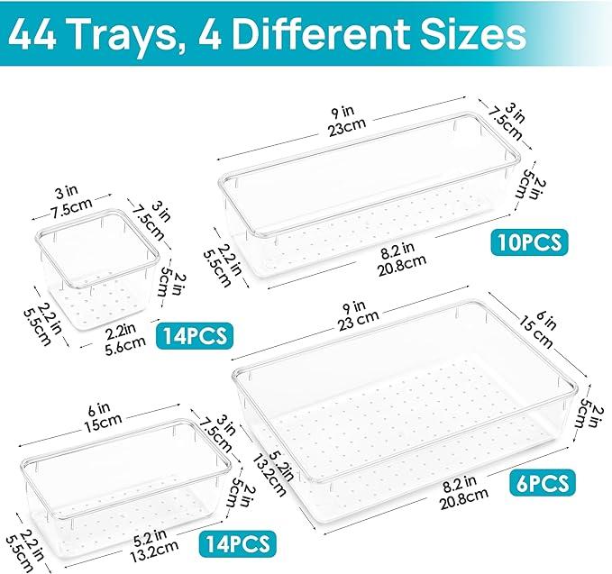 72 Pcs Clear Plastic Drawer Organizers Set, 4-Size Versatile Bathroom and Vanity Drawer Organizer Trays drawer dividers Multi-size storage trays Photo