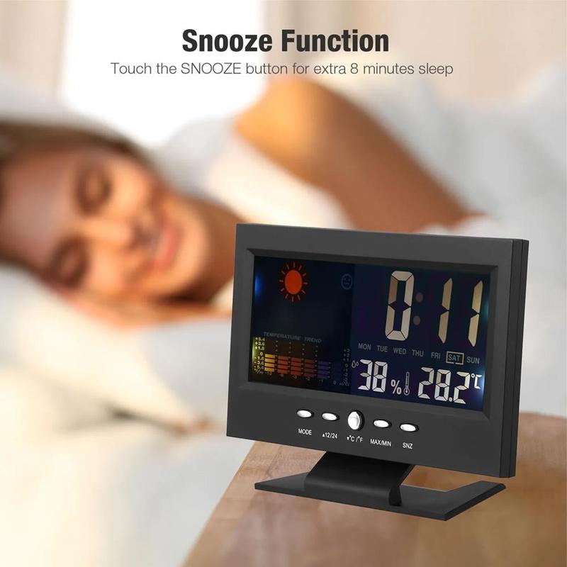 Auto Set Digital Alarm Clock | Color Display LCD Screen with Snooze Calendar Thermometer Hygrometer Weather Display | Large Digits LED, Easy to Read - Perfect for Nightstand or Desk