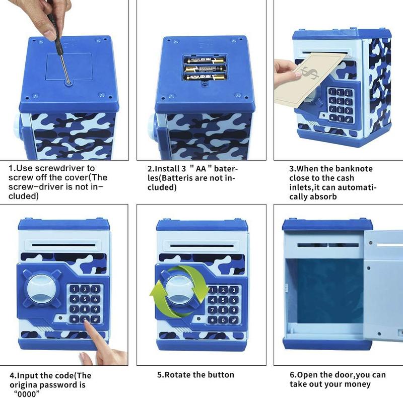 Piggy Banks for ,  Password Code Money Banks ATM Banks Box   for  Boys and Girls (Camouflage Blue)