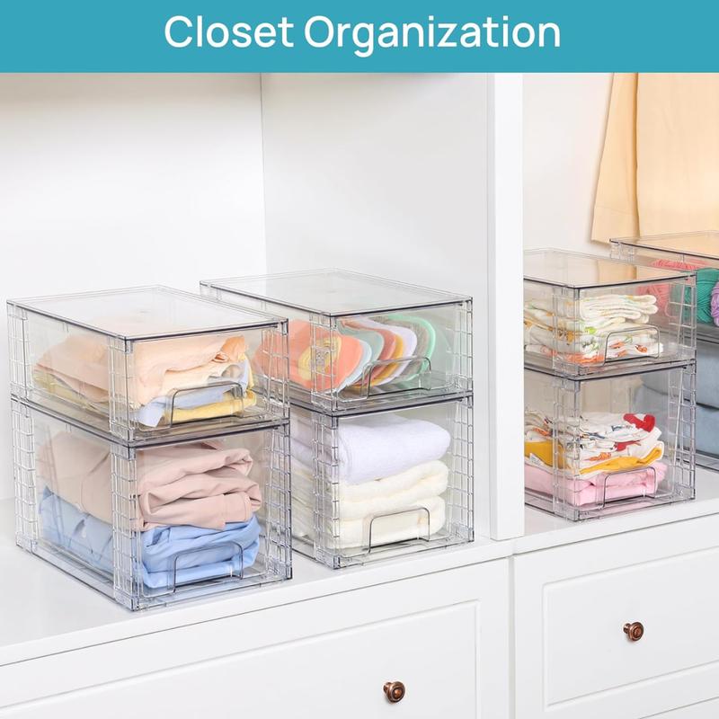 4-pack large clear acrylic stackable storage drawers with handles, perfect for organizing bathrooms, kitchens, cabinets, and more.