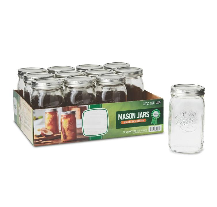 12 Count Glass Mason Jars with Lids and Bands - 32oz. Mouth Quart - Bottles, Organiser