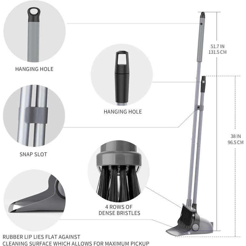 MR.SIGA Broom and Dustpan Set with Adjustable Long Handle, Upright Combo for Floor, Cleaning Lobby, Gray