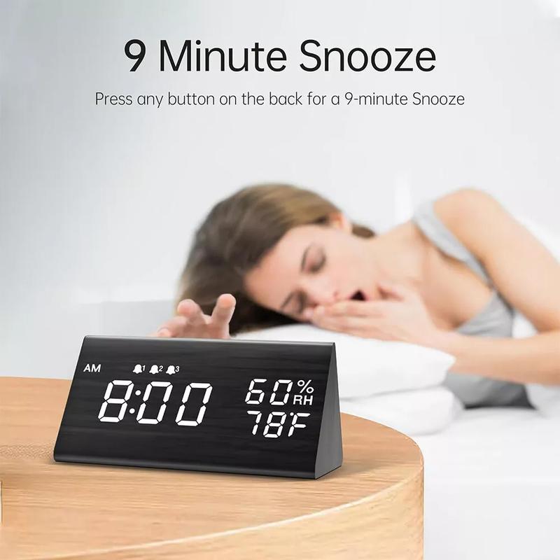 Digital Alarm Clock with Wooden LED Time Display Humidity Temperature Detect