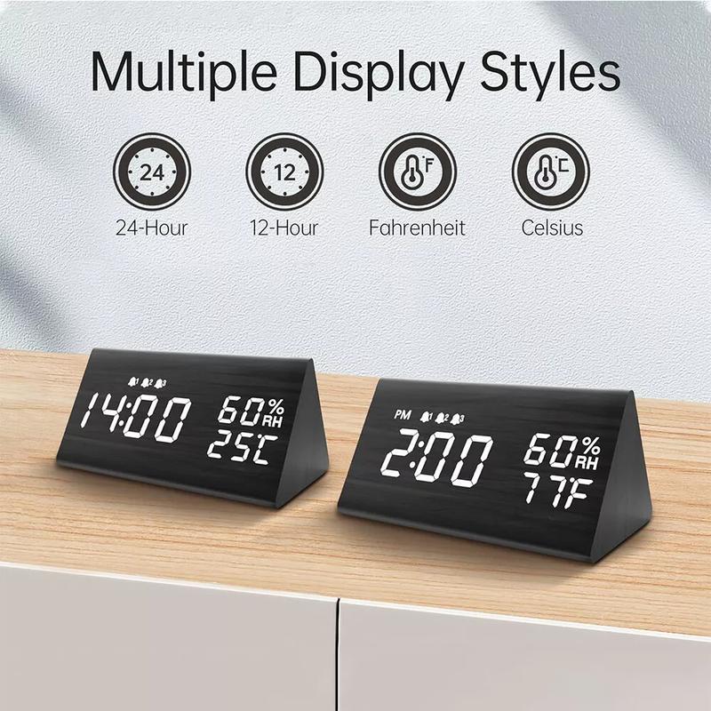 Digital Alarm Clock with Wooden LED Time Display Humidity Temperature Detect