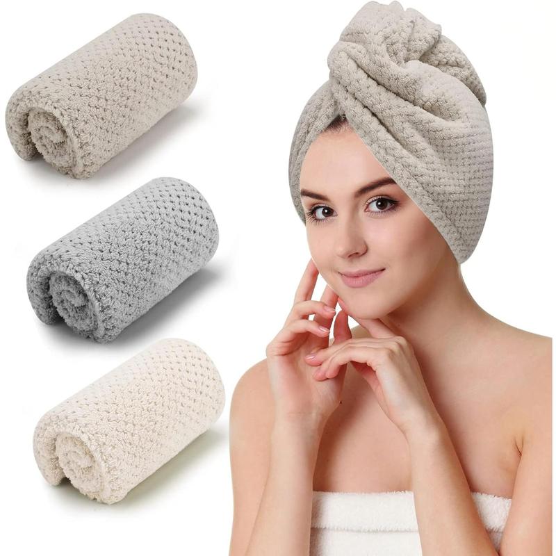 3 PCS Microfiber Hair Towel, Hair Wraps for Women Wet Hair, Fast Drying Hair Turban, Anti Frizz Head Towels Wrap for Curly Hair (Beige, Khaki, Grey)