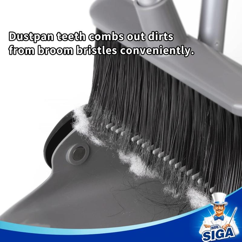 MR.SIGA Broom and Dustpan Set with Adjustable Long Handle, Upright Combo for Floor, Cleaning Lobby, Gray