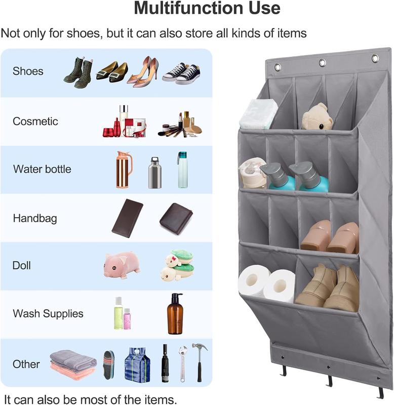 2 Pack Over the Door Shoe Organizer, Hanging Pantry Organizer, Storage Rack For Closet,12 Large Pockets and 2 Larger Storage Various Compartments with 6 Hooks, Home Accessories, Grey door shoe