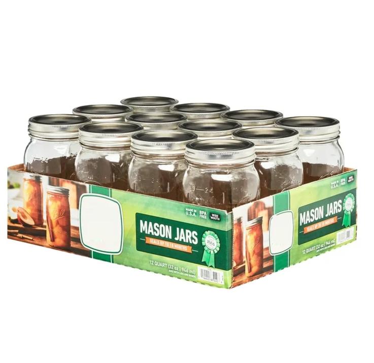 12 Count Glass Mason Jars with Lids and Bands - 32oz. Mouth Quart - Bottles, Organiser