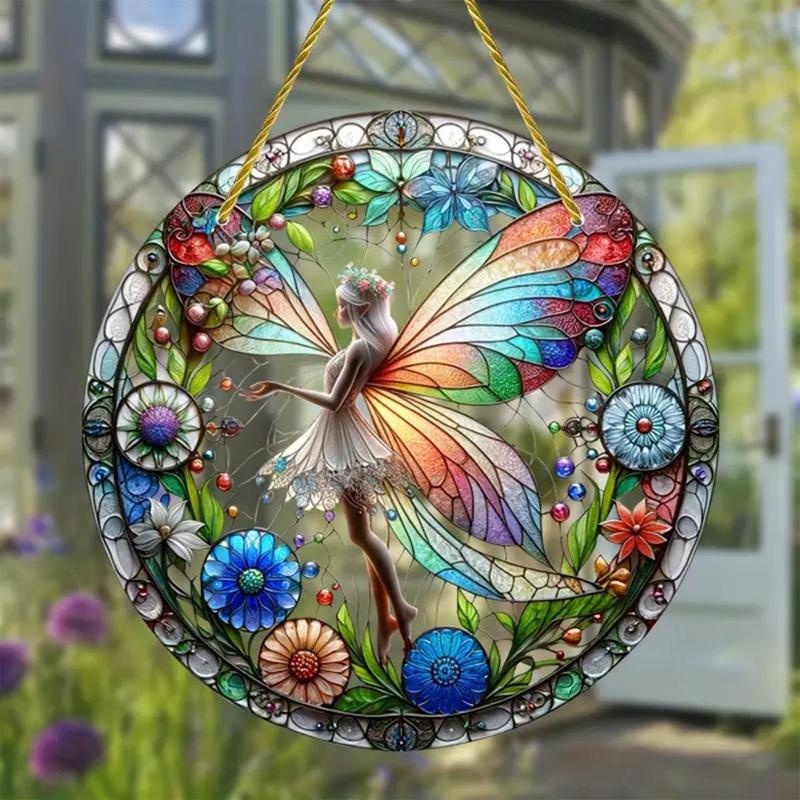 Butterfly Fairy Pattern Acrylic Disc Decoration, 1 Count Round Hanging Decoration, Festive Decorations for Home Farmhouse Indoor Outdoor Wall Garden Party