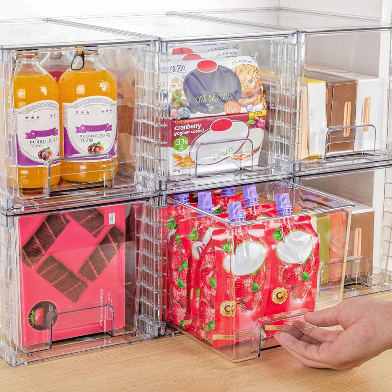 4-pack large clear acrylic stackable storage drawers with handles, perfect for organizing bathrooms, kitchens, cabinets, and more.