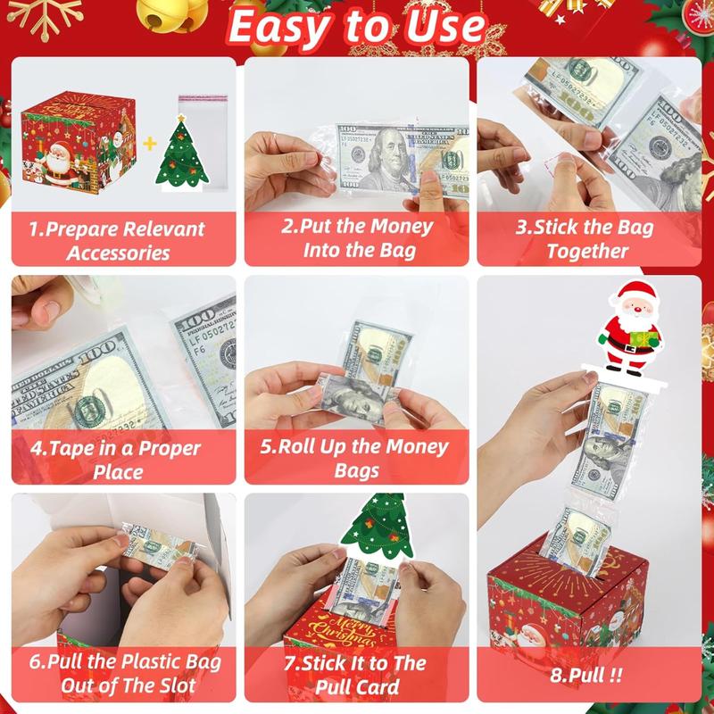 100Pcs Christmas Money Box for Cash Gift Pull - Christmas Surprise Money Gift Box for Boys Girls - DIY Money Pull Box with Transparent Bags - Best Gift for Kids Adults - Red