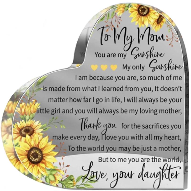 Gifts to My Mom Mothers Day Gifts Acrylic Heart Sunflower Plaque Mother in Law Gift Bonus Mom Gift Mom Birthday Gifts Acrylic Heart Sign from Daughter Son