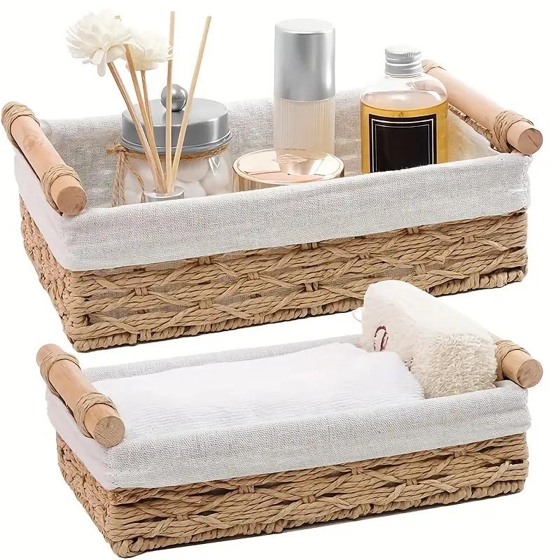 2pcs set Beige Paper Rope Storage Baskets With Wooden Handles, Handcrafted Woven Bins For Makeup Bookshelf, Living Room, Countertop Decorative Box, Toilet Tank Basket, Rustic Small Basket Set