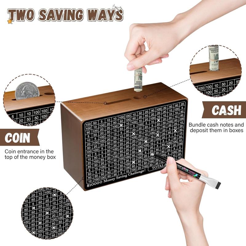 Wooden Money Saving Box, Cash Savings Box for $10000 $5000 $3000 Target Money Saving Challenge, Reusable Money Box with Counter, Cash Vault Bank with Dry Erase Pen Savings Trackers Rubber Band-Brown