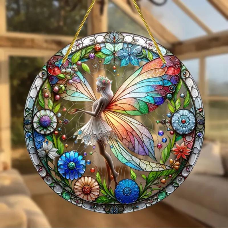 Butterfly Fairy Pattern Acrylic Disc Decoration, 1 Count Round Hanging Decoration, Festive Decorations for Home Farmhouse Indoor Outdoor Wall Garden Party