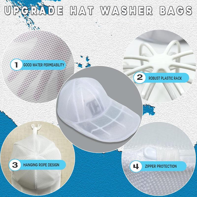 Hat Washer for Washing Machine, Cap Washer with Mesh Bags, Hat Washer for Baseball Caps, Hat Cleaner Cleaning Protector Cage (White - 2 Pack)