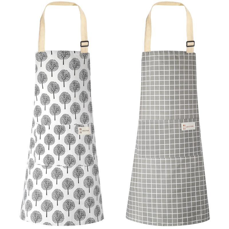 2 Pieces Linen Cooking Kitchen Apron for Women and Men Kitchen Bib Apron with Pocket Adjustable Soft Chef Apron (Grey Plaid Style) Grey Plaid Style