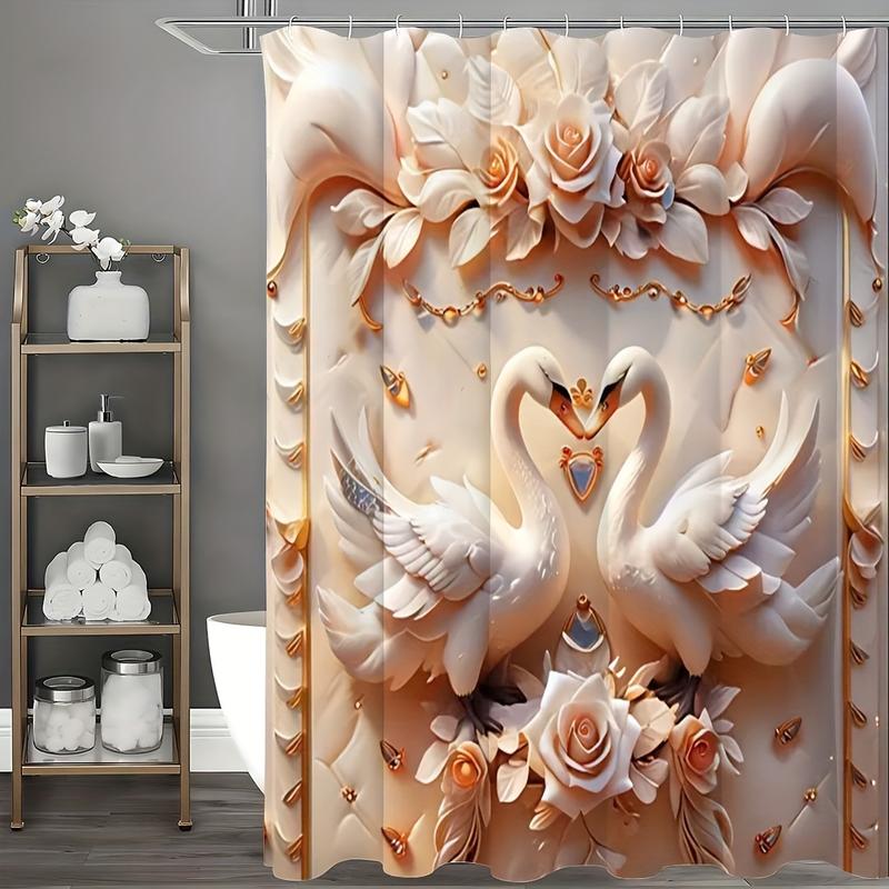 1pcs 3D Swan Embossed Pearl Print Creative Shower Curtain Set, Decorative Bathroom Set including Waterproof Shower Curtain, and 12 Plastic Hooks, Bathroom Accessories, Home Decoration