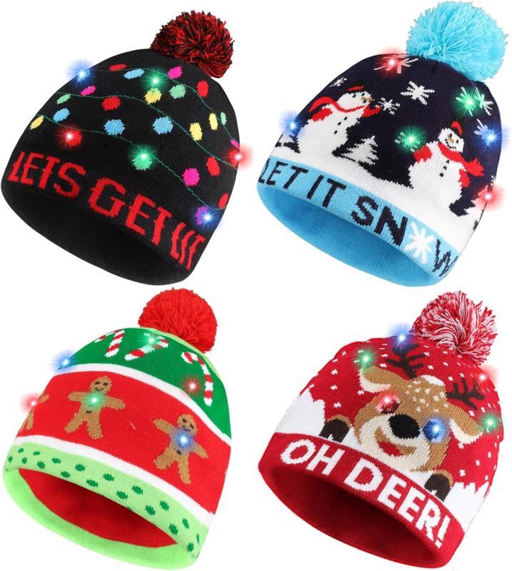 Light Up Christmas Hat, Christmas Knitted Beanie Hat, Cute Cartoon Design Xmas Knit Cap With 6 Colorful LED Lights 4pcs