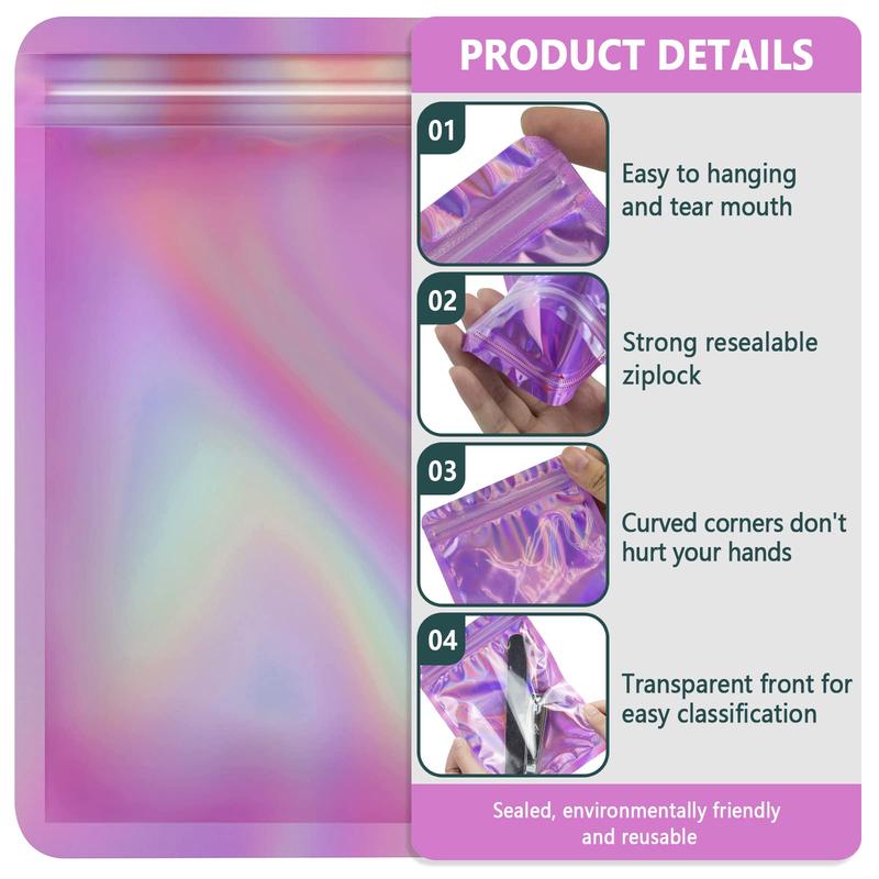 Holographic Bags, 100pcs set Reusable Resealable Zipper Storage Bag, Clear Window Packaging Bag for Party Favor Candy Jewelry Lip Gloss